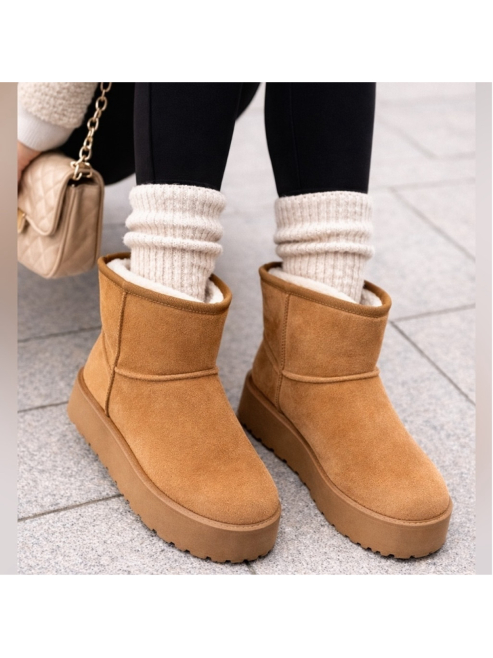 Women's Furry Faux Suede Ankle Platform Booties Tan Size 8.5